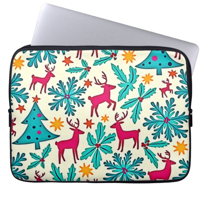 Pink Reindeer Teal Tree Pattern Design Laptop Sleeve (Front)