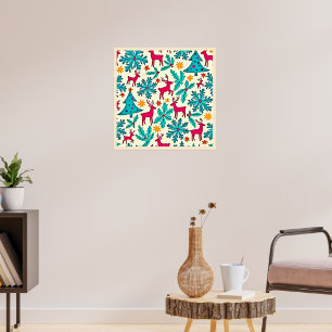 Pink Reindeer Teal Tree Pattern Design Poster
