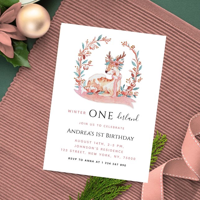 Pink Reindeer Winter Onederland Girl 1st Birthday Invitation (Creator Uploaded)