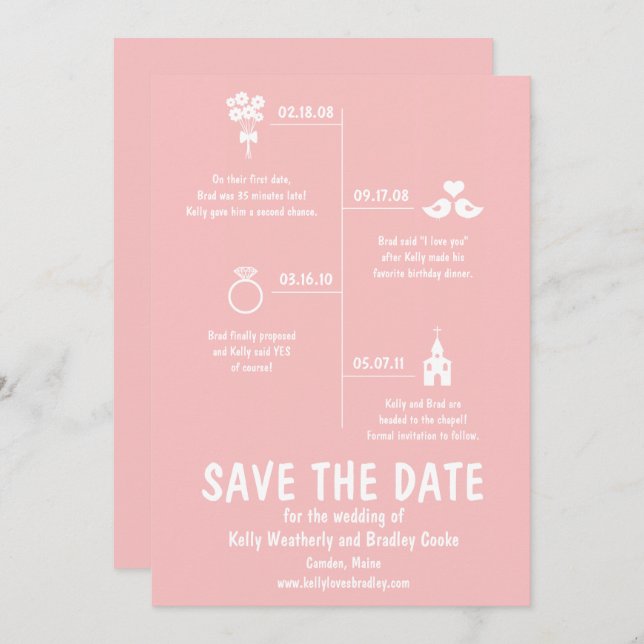 Pink Relationship Timeline Wedding Save the Date Invitation (Front/Back)