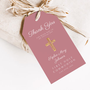 Pink Religious Cross Girl First Communion Gift Tags