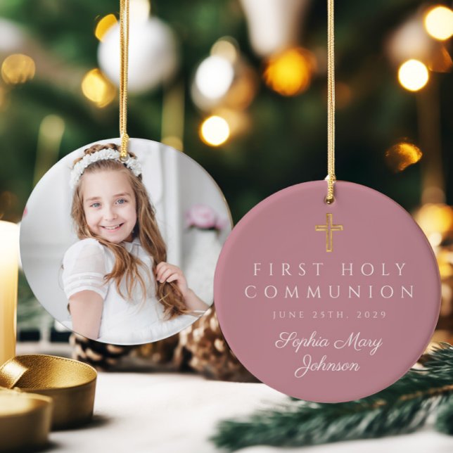 Pink Religious Cross Girl First Communion Photo  Ceramic Ornament (Pink Religious Cross Girl First Communion Photo Ceramic Ornament)
