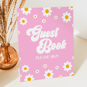 Pink Retro 70's Daisy Flower Guest Book Party Sign