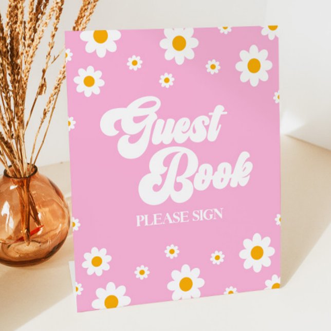 Pink Retro 70's Daisy Flower Guest Book Party Sign (Creator Uploaded)