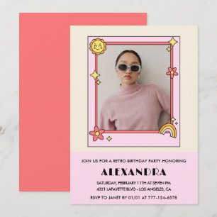  Pink Retro 70s Groovy Photo 39th birthday Invitation