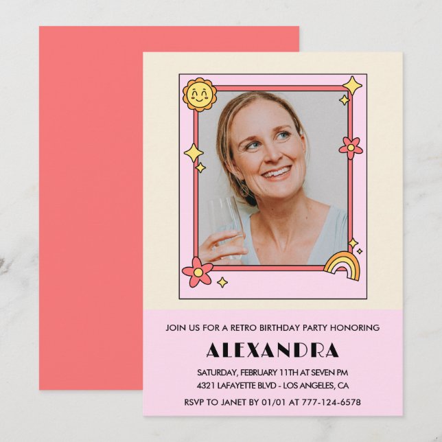 Pink Retro 70s Groovy Photo 54th birthday Invitation (Front/Back)