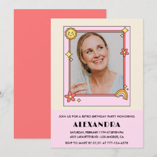  Pink Retro 70s Groovy Photo 64th birthday Invitation