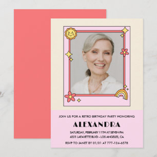  Pink Retro 70s Groovy Photo 79th birthday Invitation