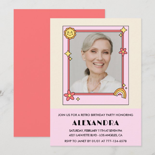  Pink Retro 70s Groovy Photo 83rd birthday Invitation (Front/Back)