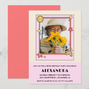  Pink Retro 70s Groovy Photo 94th birthday Invitation