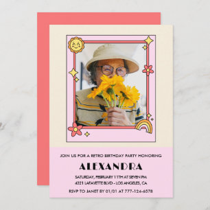  Pink Retro 70s Groovy Photo 98th birthday Invitation
