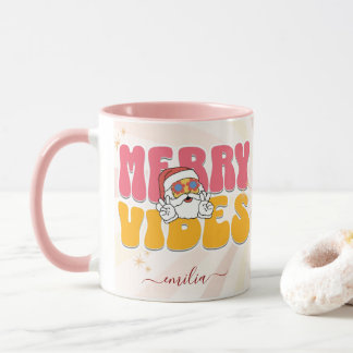 Pink Retro 70s Themed Merry Vibes Custom Name Mug