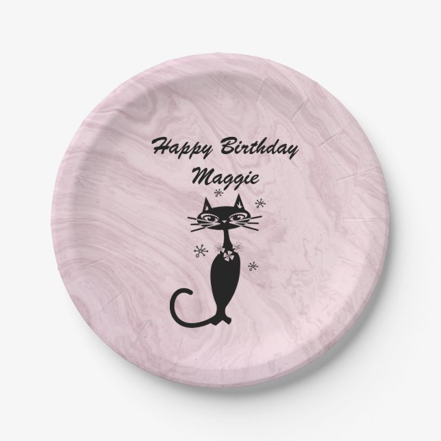 Pink Retro Atomic Cat Paper Plate (Front)
