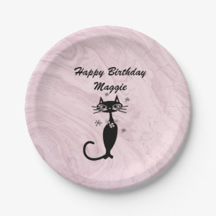 Pink Retro Atomic Cat Personalised Paper Plate