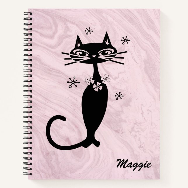 Pink Retro Atomic Cat Personalised Spiral Notebook (Front)