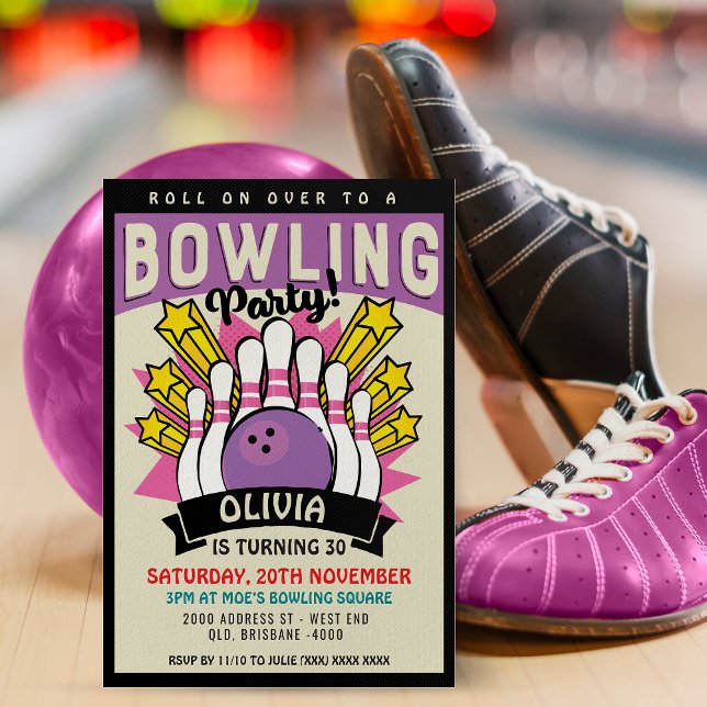 Pink Retro Bowling Birthday Party Invitation (Inspired by retro 60's posters, this fantastic invitation will be right up your alley. )