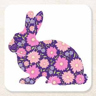 Pink Retro bunny rabbit and flowers Square Paper Coaster