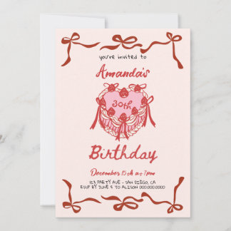 Pink Retro Cake and red Bow Coquette Birthday Invitation