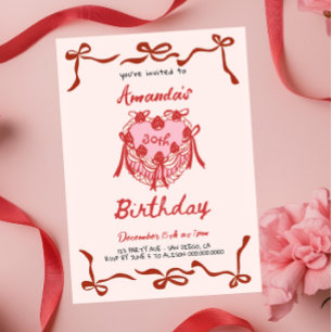 Pink Retro Cake and red Bow Coquette Birthday Invitation