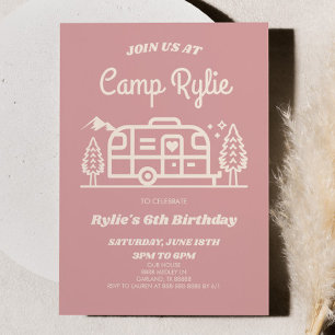 Pink Retro Camper Camp Out Camping Birthday Party Invitation