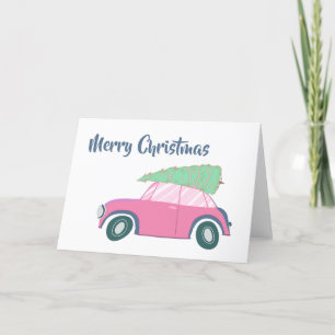 Pink Retro Car and Tree Whimsical Christmas Art Holiday Card