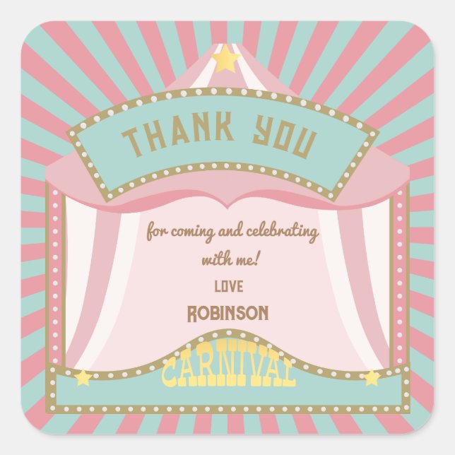 Pink Retro Carnival birthday invitations Square Sticker (Front)