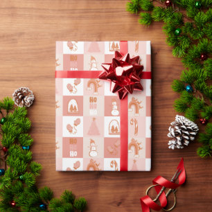Pink Retro Chequered Candy Cane Snowman Tree Wrapping Paper