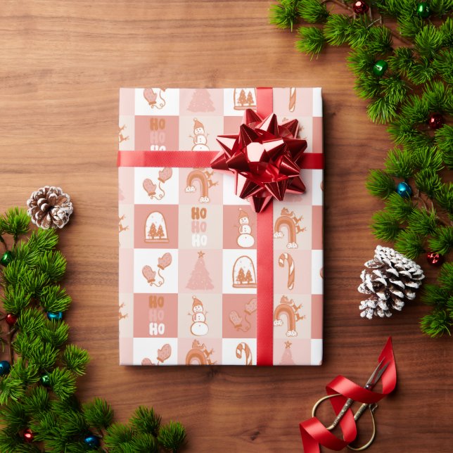 Pink Retro Chequered Candy Cane Snowman Tree Wrapping Paper (Holiday Gift)