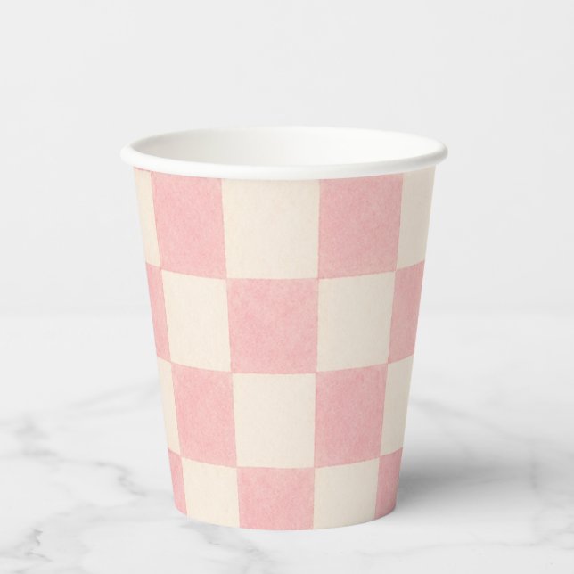 Pink Retro Chequered Party Cups  (Front)