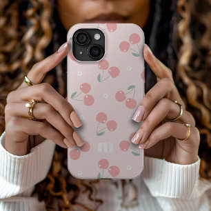 Pink Retro Cherries Custom Name Monogram iPhone 15 Case