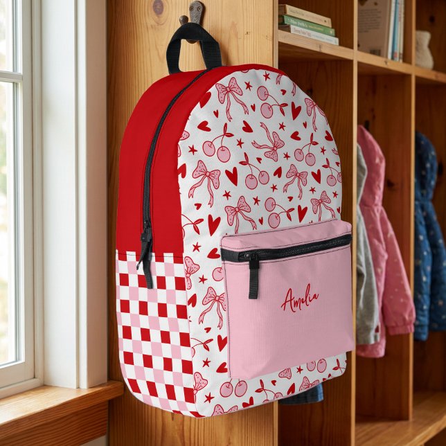 Pink Retro Cherry & Bows Checkerboard with Name Printed Backpack (Personalized Backpack with coquette cherries & bow and pink & red checkerboard pattern.)