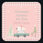 Pink Retro Christmas Baking Goodie Treats  Square  Square Sticker<br><div class="desc">retro Pink Christmas themed sticker - perfect for goodies and treats and gifts! Personalise with your own message for that perfect touch! Blue car version</div>