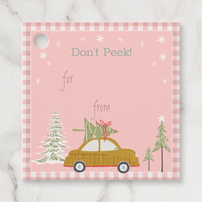 Pink Retro Christmas Car Woodland Gift Tag (Front)