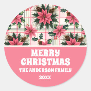 Pink Retro Christmas Floral Plaid Merry Christmas Classic Round Sticker