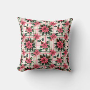 Pink Retro Christmas Floral Plaid Merry Christmas Cushion