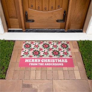 Pink Retro Christmas Floral Plaid Merry Christmas Doormat