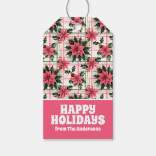 Pink Retro Christmas Floral Plaid Merry Christmas Gift Tags