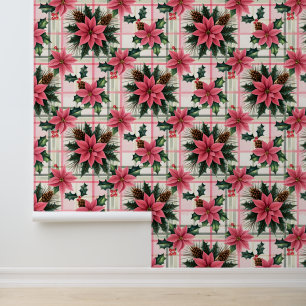 Pink Retro Christmas Floral Plaid Merry Christmas Wallpaper
