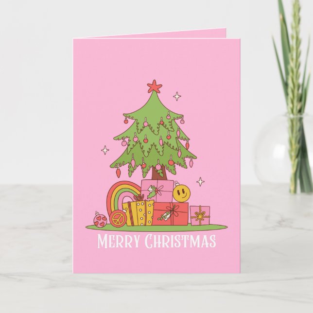 Pink Retro Christmas Tree  Holiday Card (Front)