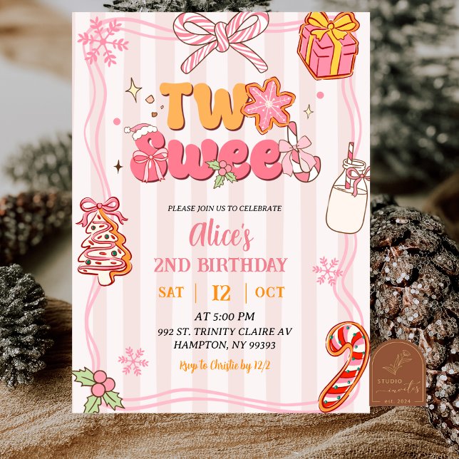 Pink Retro Christmas Winter Two Sweet Birthday Invitation (Creator Uploaded)