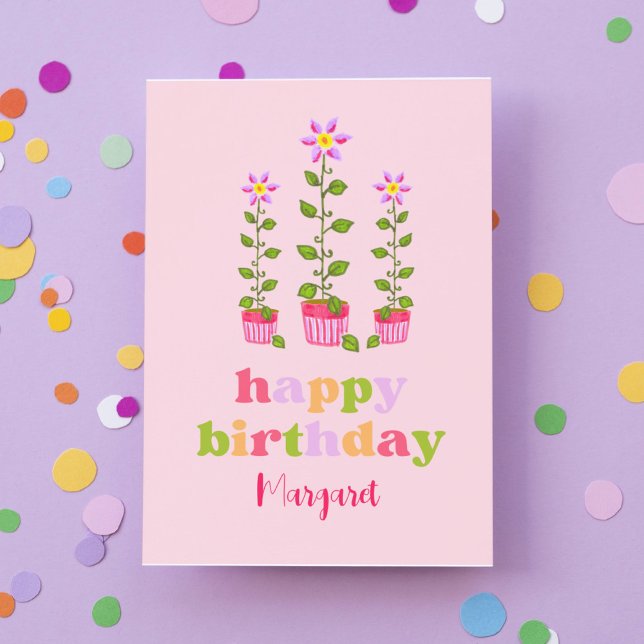 Pink Retro Colourful Floral Personalised Birthday Card (This boho pink birthday card makes the guest of honor smile!)
