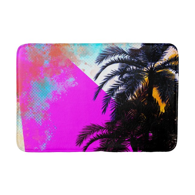 Pink Retro Colourful Summertime Beach Palm Trees Bath Mat (Front)