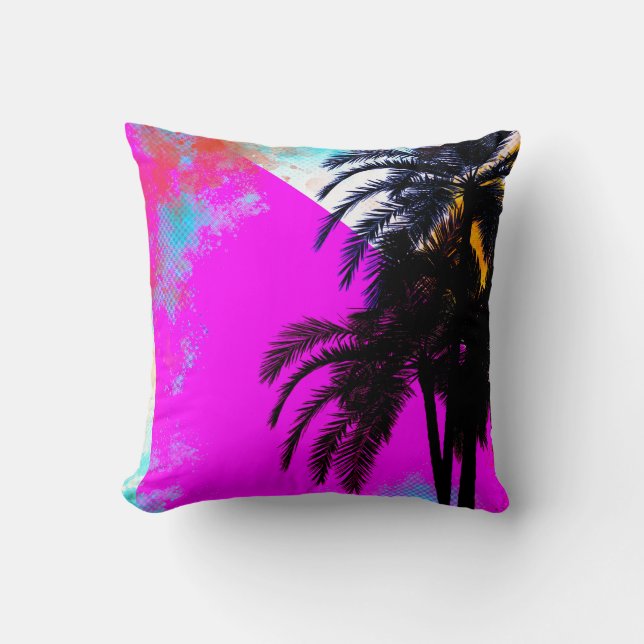 Pink Retro Colourful Summertime Beach Palm Trees Cushion (Front)