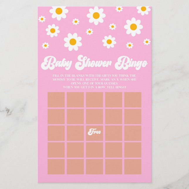 Pink Retro Daisy Bingo Baby Shower Game Stationery (Front)