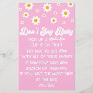 Pink Retro Daisy Don't Say Baby Shower Game Stationery