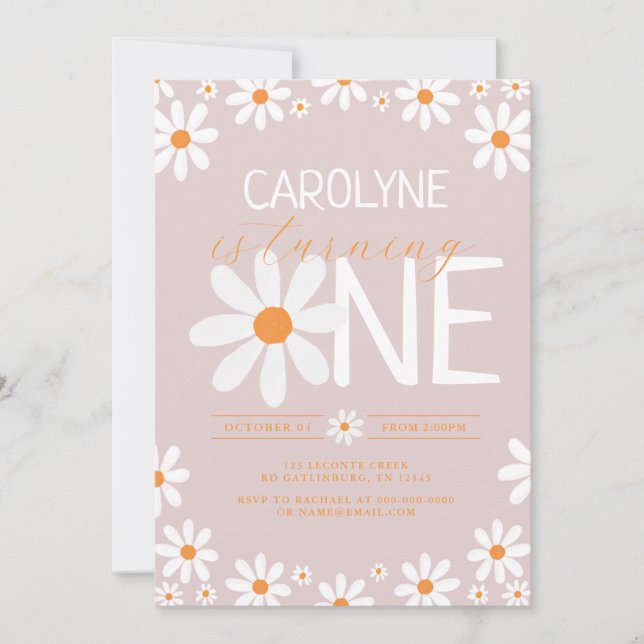 Pink Retro Daisy First Birthday Party Invitations (Front)