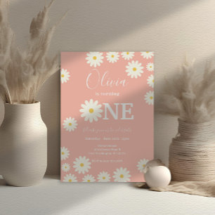 Pink Retro Daisy Floral 1st Birthday Party  Invitation
