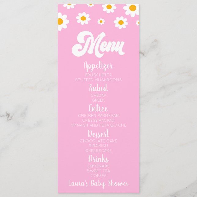 Pink Retro Daisy Flower Baby Shower Food Menu (Front)