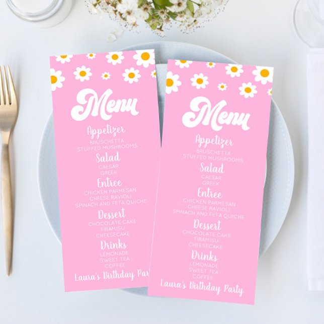Pink Retro Daisy Flower Birthday Party Food Menu (Creator Uploaded)