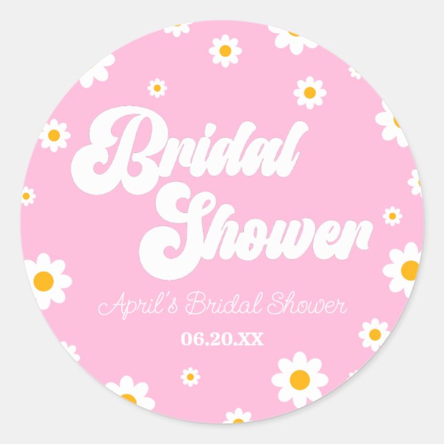Pink Retro Daisy Flower Floral Bridal Shower Classic Round Sticker (Front)